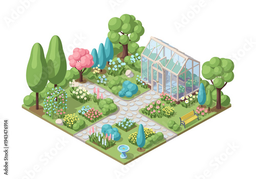 Charming isometric garden with greenhouse, blooming flowers, and a yellow bench