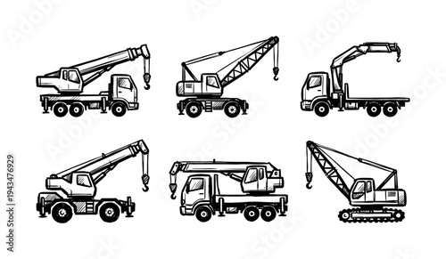 Set of six different crane truck illustrations in a hand-drawn sketch style, featuring various types of heavy industrial machinery for construction and lifting purposes