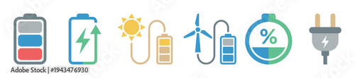 Set of colorful flat design icons representing energy and power, including battery level indicators, solar and wind charging symbols, a percentage meter, and an electric plug