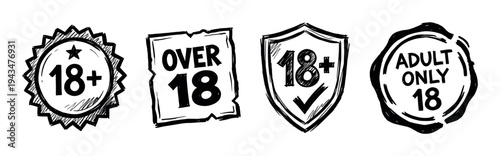 Set of four hand-drawn 18+ age restriction icons in a black and white sketch style, including adult only, over eighteen, and plus signs for content warning and censorship
