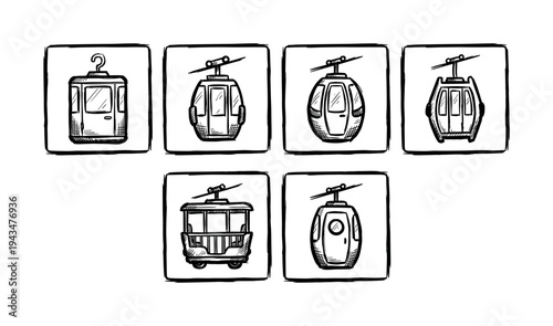 Set of hand-drawn cable car icons in a rough sketch style, featuring various gondola and funicular designs inside square frames for transportation or travel concepts