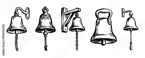 Set of five hand-drawn vintage bells with different mounts and ropes, illustrated in a black and white ink sketch style, showing various antique nautical or door designs