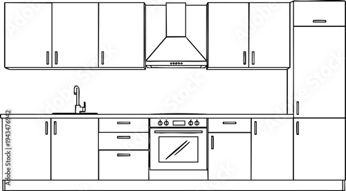 Simple line art vector graphic illustrating a complete modern kitchen cabinet layout design plan.