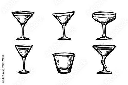 Set of six hand-drawn cocktail glasses in a rough sketch style, featuring various shapes like martini, coupe, and shot glass for bar and drink menus