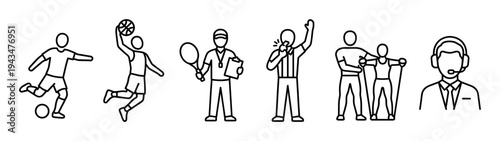 Set of black line art icons representing various sports activities and professions like soccer, basketball, tennis coach, referee, personal trainer, and commentator