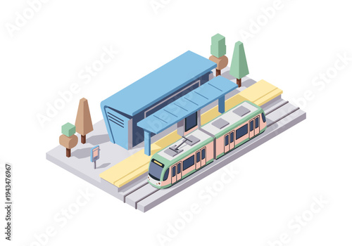 Modern isometric tram station with a sleek train arriving on the tracks