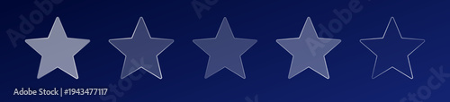 Row of five translucent liquid glass star icons with glowing outlines on a dark blue background. Concept for quality and feedback.