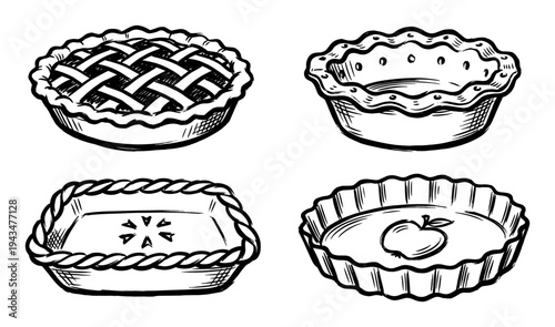 Set of four hand-drawn pie and tart illustrations with various crust designs, including lattice and braided edges, rendered in a black and white ink sketch style