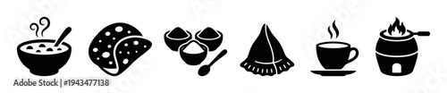 Set of six black food icons representing a meal with soup, flatbread, spices, a napkin, a hot beverage, and a small cooking stove, all in a simple glyph style