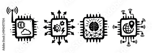 Set of four hand-drawn technology icons in a rough sketch style depicting microprocessors with symbols for AI, cloud computing, IoT, and global data processing