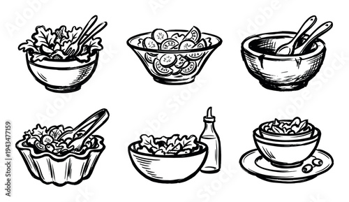Set of six hand-drawn salad bowl illustrations in a black and white sketch style showing fresh greens, vegetables, and serving utensils for healthy eating concepts