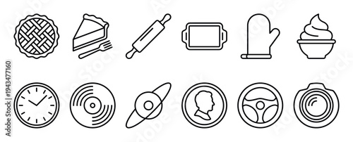 Set of black line art icons featuring diverse themes like baking, cooking, time, music, space, and photography, presented in a clean, minimalist, and modern outline style