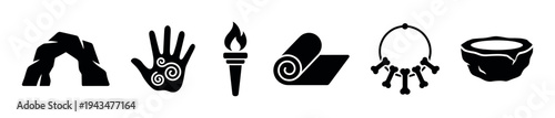 Prehistoric black silhouette icon set with a cave, handprint, torch, hide, bone necklace, and stone bowl representing ancient primitive life and stone age culture