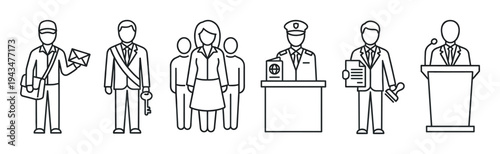 Collection of public service profession icons showing a postman, official, customs officer, notary, and speaker in a simple black and white outline vector illustration style