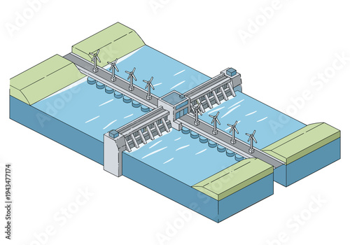 Modern hydroelectric dam with integrated wind turbines and sluice gates for water management