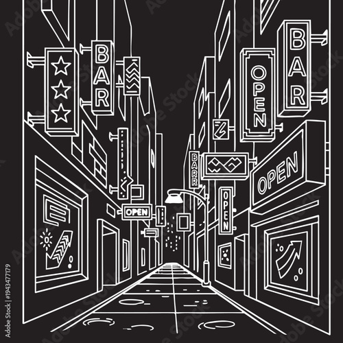 Neon Streetscape An Architectural Nightlife Scene in a City Alley