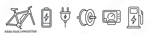 Electric bicycle line icon set showing an ebike, battery, plug, hub motor, display, and charging station for sustainable urban mobility and green transportation concepts