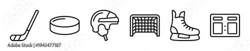 Set of six black line icons for ice hockey equipment and game elements, including a stick, puck, helmet, goal, skate, and scoreboard, presented in a minimalist style