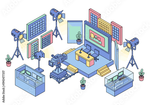 Modern television studio setup with cameras, lights, and a news desk in isometric view
