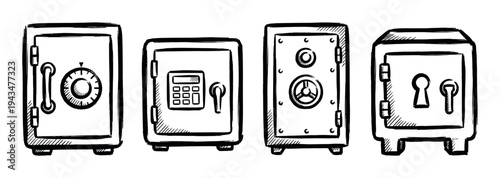Four hand-drawn black and white safes with different locking mechanisms in a simple sketch style, showing a collection of security box icons for finance and protection