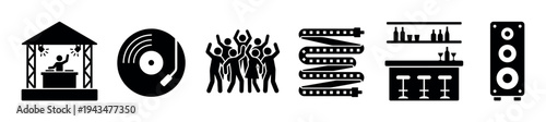 Set of black glyph icons representing party and entertainment concepts, including a DJ on stage, vinyl record, dancing crowd, film strip, bar counter, and a large speaker
