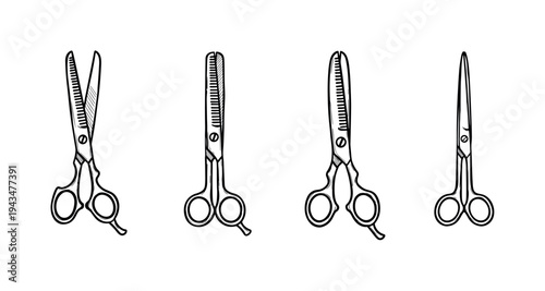 Set of four professional hairdressing scissors including thinning and cutting shears in a hand-drawn black and white sketch style illustration for a barbershop or salon concept