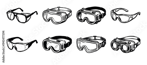 Collection of hand-drawn safety goggles, VR headsets, and protective glasses in a black and white ink sketch style, showing various designs for work and recreation