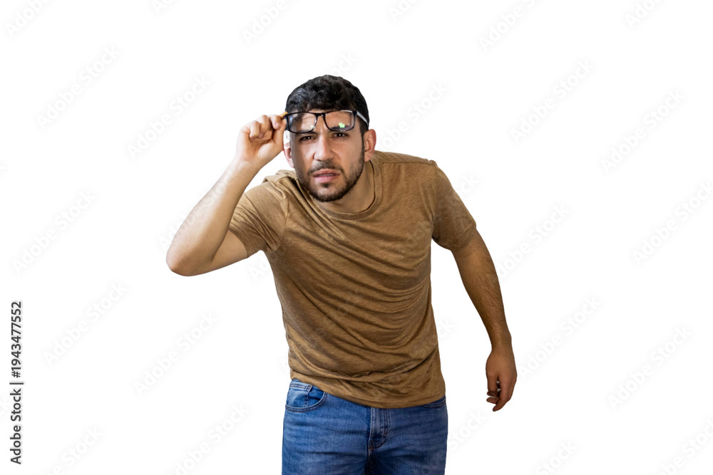Naklejka premium Incredulous man lowering glasses showing disbelief and doubt. PNG