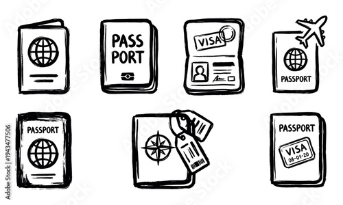 Set of seven hand-drawn passport illustrations in a black ink doodle style, featuring travel icons like a globe, airplane, visa stamp, and compass for tourism concepts