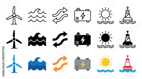 Set of renewable energy vector icons showing wind turbine, solar power, wave energy, current, generator, and buoy in three different styles: line, glyph, and color