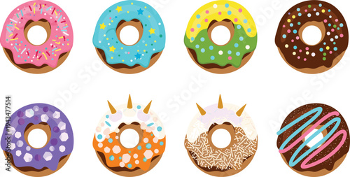 Colorful donut dessert icon set with chocolate glaze, sprinkles, icing and sweet bakery toppings, delicious pastry vector illustration collection
