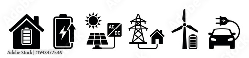 Set of black silhouette icons illustrating renewable energy concepts, including solar panels, wind turbines, home battery storage, grid connection, and electric vehicle charging
