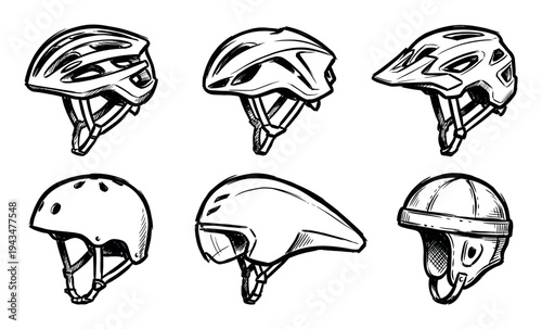 Collection of six hand-drawn sports helmets in a black and white ink sketch style, showing various designs for cycling, skateboarding, and racing protective headgear