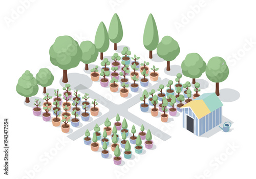 Isometric view of a small nursery with potted plants, trees, and a garden shed
