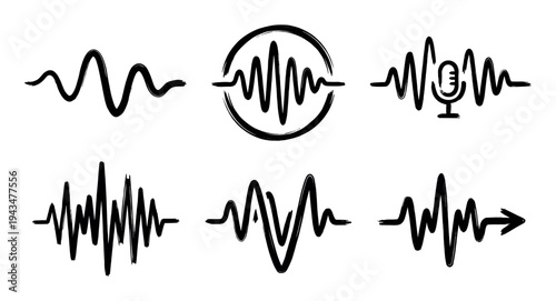 Collection of black hand-drawn sound wave icons in a grunge brush stroke style, featuring a microphone, a circular frame, and an arrow for podcasting and music concepts
