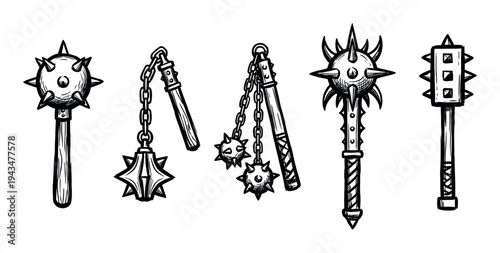 Collection of hand-drawn medieval maces and flails in a black and white sketch style, showcasing various designs of spiked weapons for combat, fantasy, or historical concepts