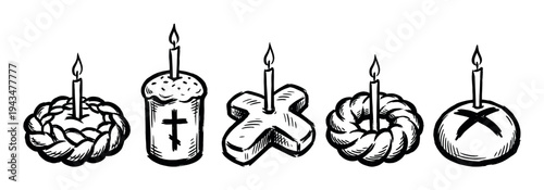 Set of five traditional Easter breads with burning candles, including kulich and paska, hand-drawn in a black and white ink sketch style for religious holiday celebration