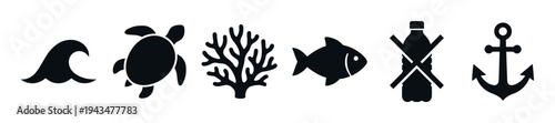 Set of black sea life icons including a wave, turtle, coral, fish, anchor, and a no plastic bottle symbol for marine conservation and ocean protection concepts