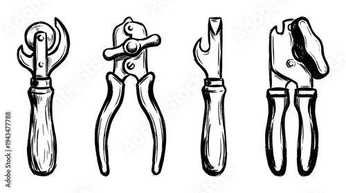 Four different vintage can openers illustrated in a black and white hand-drawn sketch style, showing various mechanical designs for opening tin cans and bottles