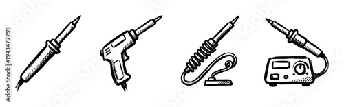 Set of hand-drawn soldering iron tools in a black ink doodle style, showing different types of equipment like a soldering gun and a complete station for electronics repair
