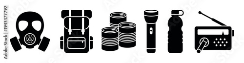 Set of black silhouette survival kit icons featuring a gas mask, backpack, canned goods, flashlight, water bottle, and a portable radio for emergency preparedness