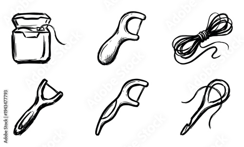 Hand-drawn dental floss and flosser pick icons in a black ink sketch style, a collection of six different oral hygiene tools for teeth cleaning and healthcare concepts