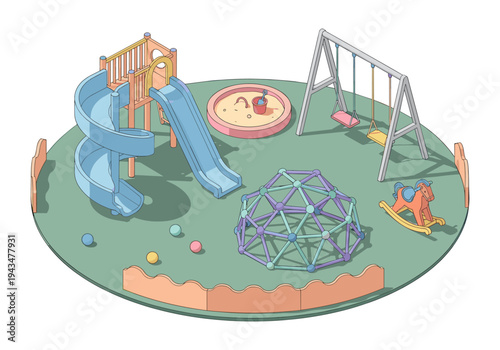 Vibrant isometric playground with slides, swings, sandbox, and climbing dome for children's fun