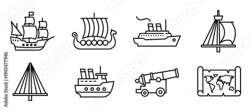 Set of nautical themed line icons featuring various historical and modern ships, a cannon, and a world map, rendered in a clean, minimalist black and white vector style