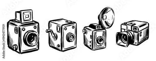 Set of four vintage cameras hand-drawn in a black and white sketchy ink style, showing retro photographic equipment with classic lenses and an old-fashioned flash