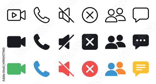 Collection of video conference communication icons in three different styles including line art, solid glyph, and colorful flat design for user interface elements