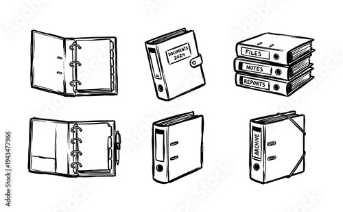 Hand-drawn black and white office ring binders and folders shown open, closed, and stacked, illustrated in a simple doodle style for organizing documents and archives