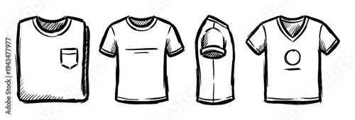 Four hand-drawn sketch style t-shirts are displayed in various views, including crew neck, V-neck, and pocket designs, rendered with bold black lines and a casual doodle aesthetic