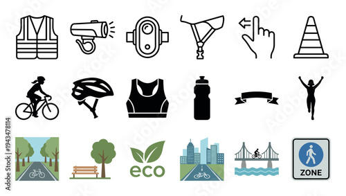 Collection of bicycle safety and lifestyle icons featuring a helmet, lights, reflective vest, cyclist silhouette, and urban and park scenery elements for graphic design