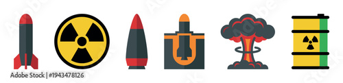 Set of nuclear weapon and radiation icons featuring a missile, radioactive symbol, warhead, silo, mushroom cloud, and waste barrel in a flat design vector style